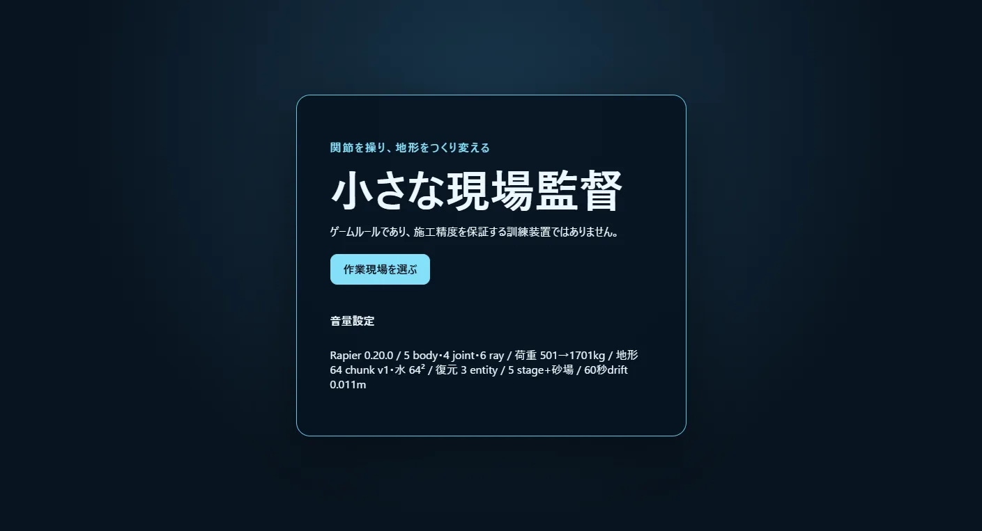 関節式ショベルカーで掘削現場を進める小さな現場監督のゲーム画面