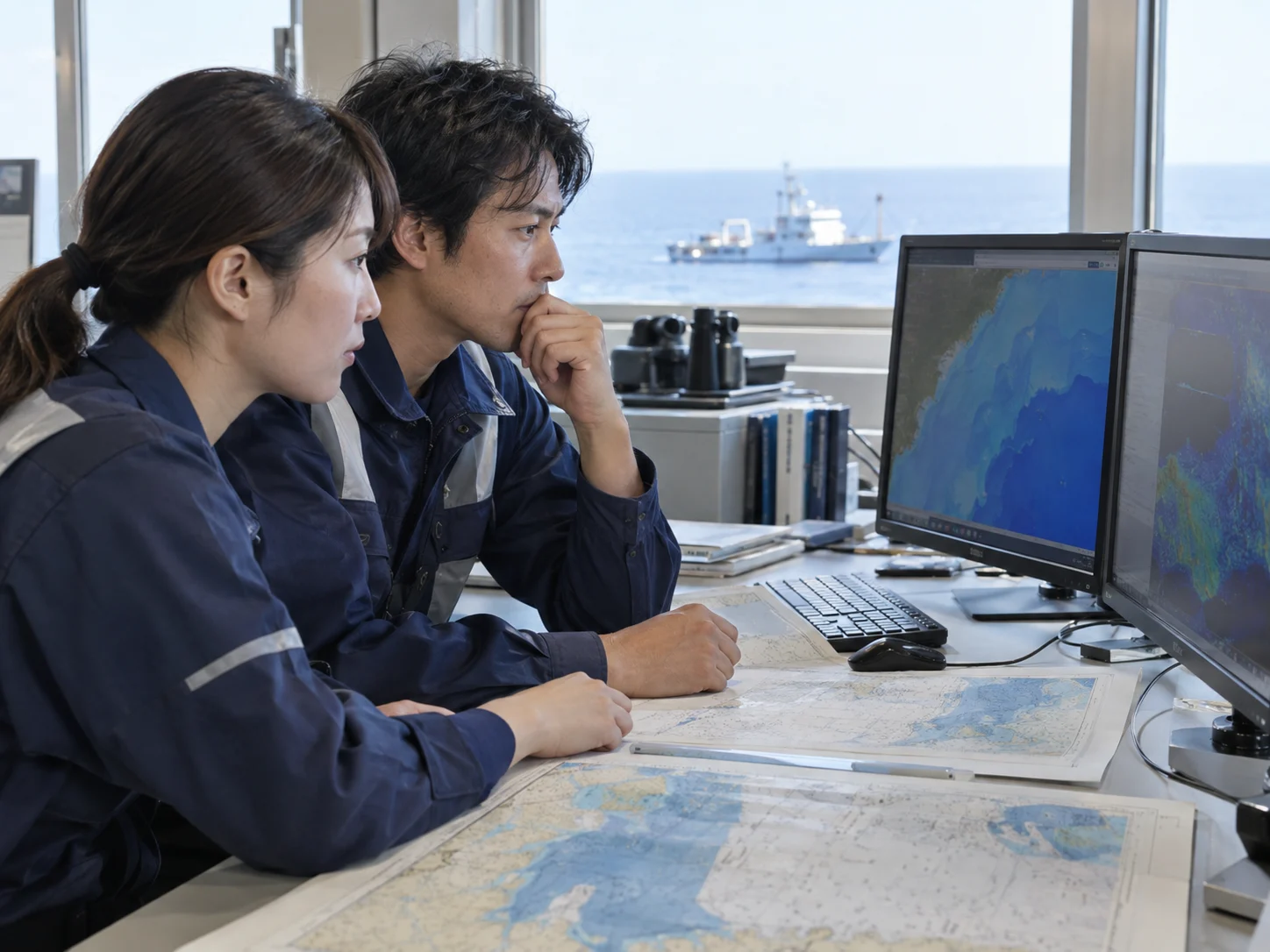 海域のデータと資料を照合する解析担当者