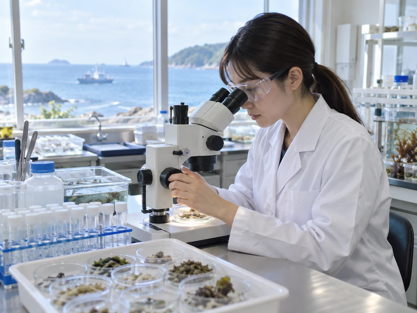 分析室で顕微鏡を使い試料を観察する研究員