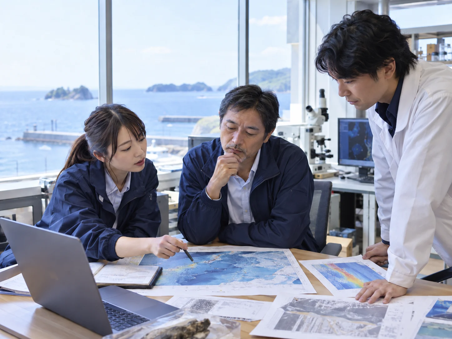 資料を囲んで調査結果を検討する研究員