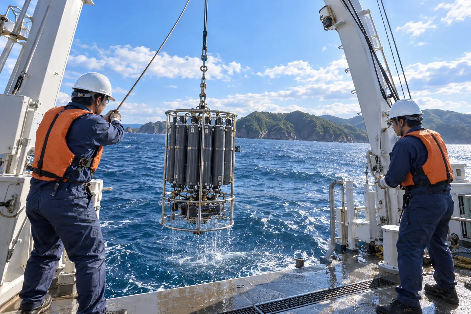 船尾から海中へ降ろされる採水器