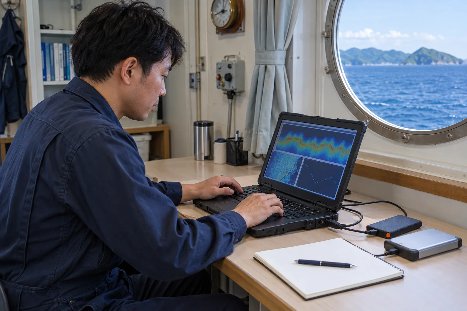 船室でデータのバックアップを取る調査員