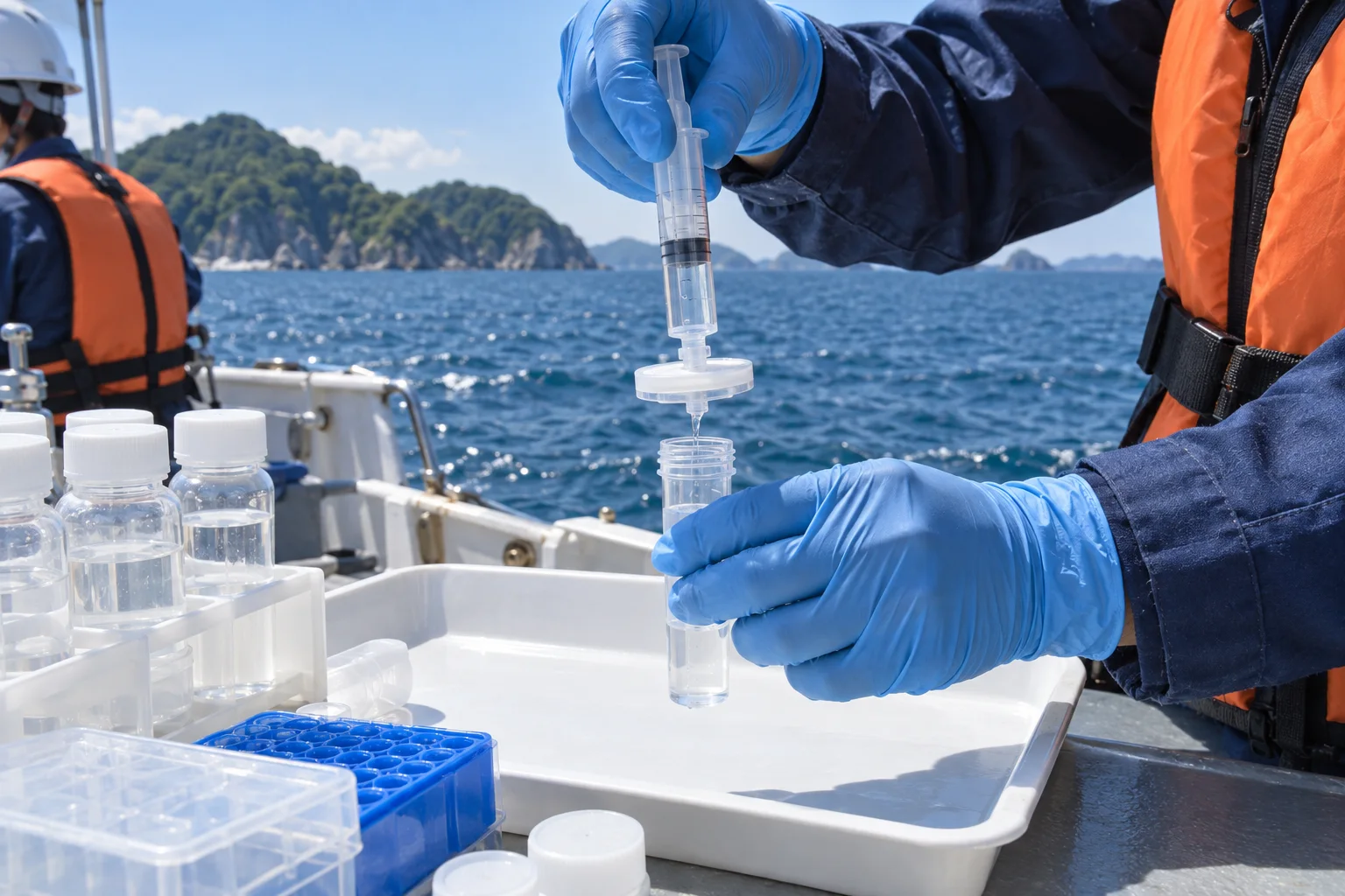 環境DNA分析のために海水をろ過する手元