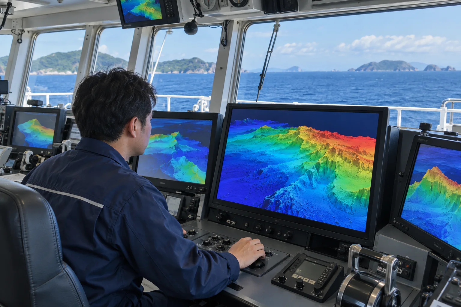 操舵室のモニターで海底地形を確認する測量担当者