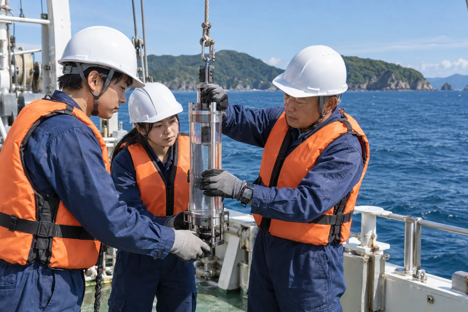 先輩社員から採水器の扱いを教わる新入社員