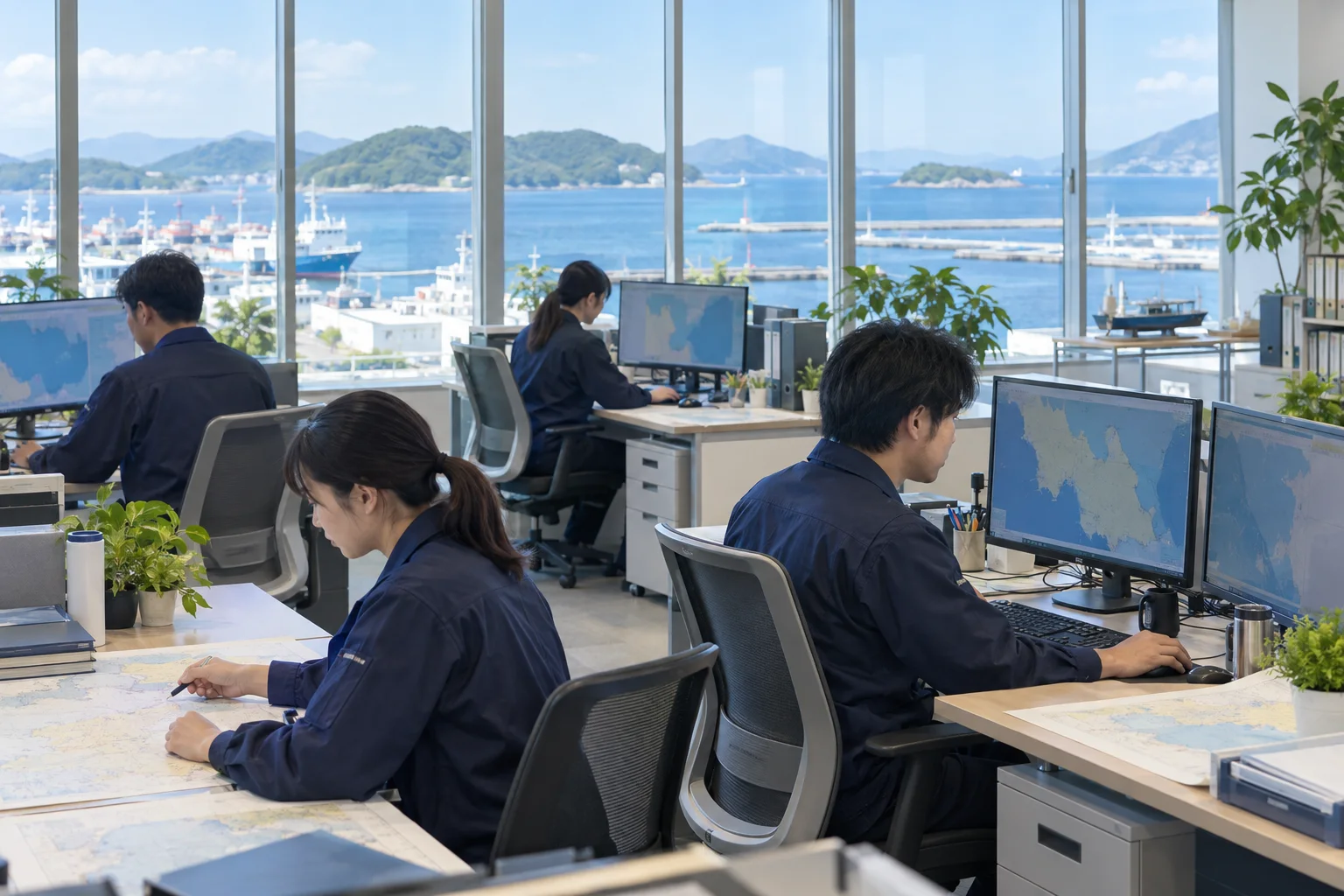 港を望む事務所で働く社員