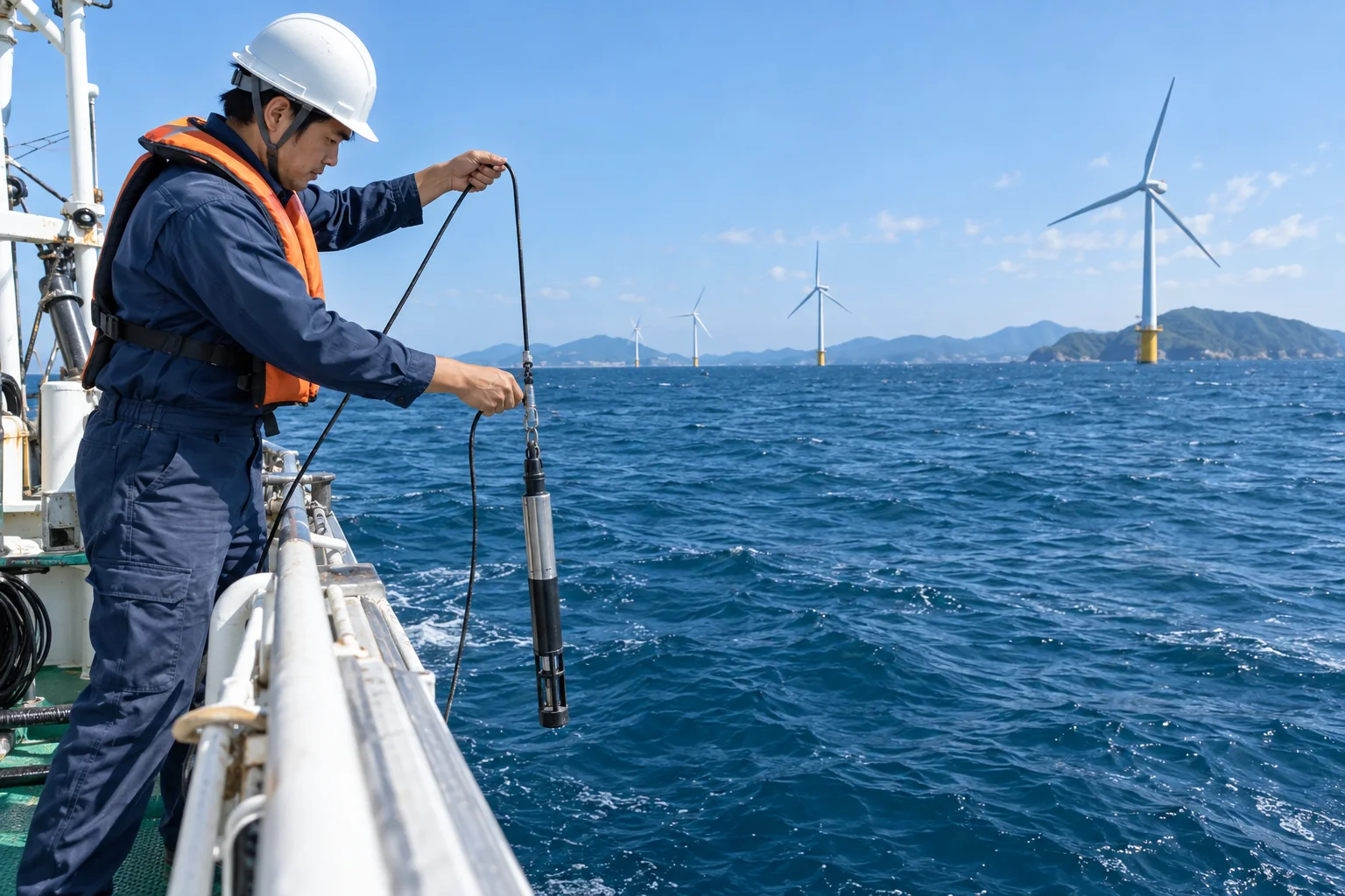 洋上風力発電設備の近くで水中の音を測る機器を降ろす調査員