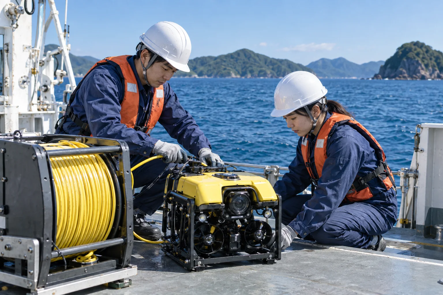 甲板で水中調査機器を準備する技術者