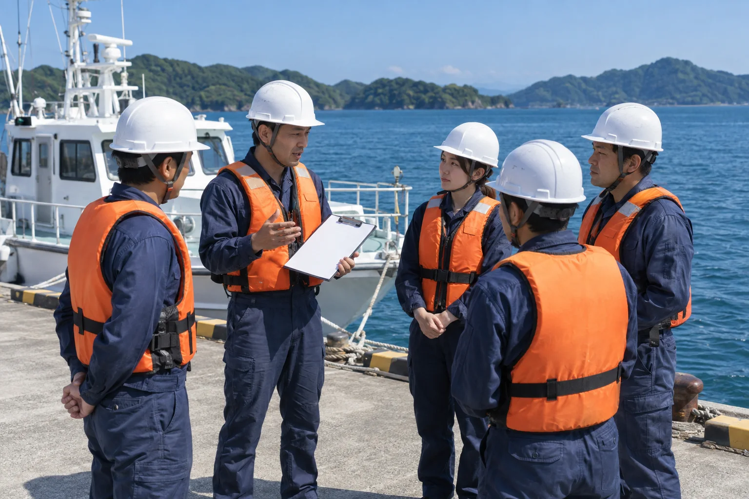 出港前に岸壁で安全確認を行う乗組員