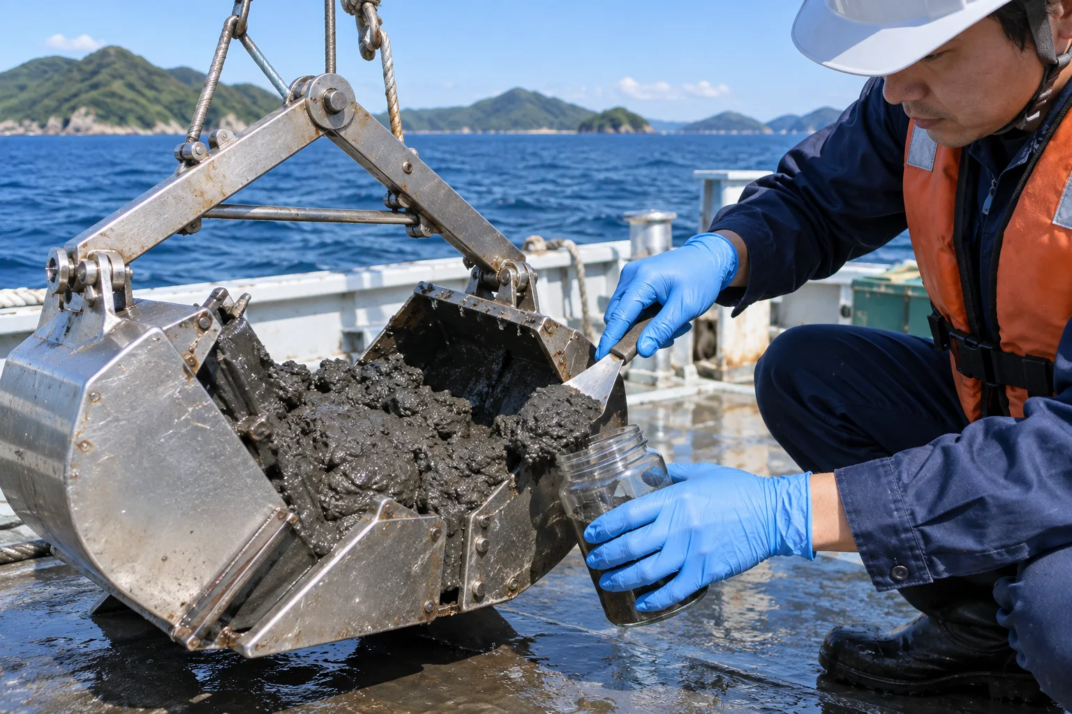 採泥器で採取した海底の泥を試料瓶へ移す手元