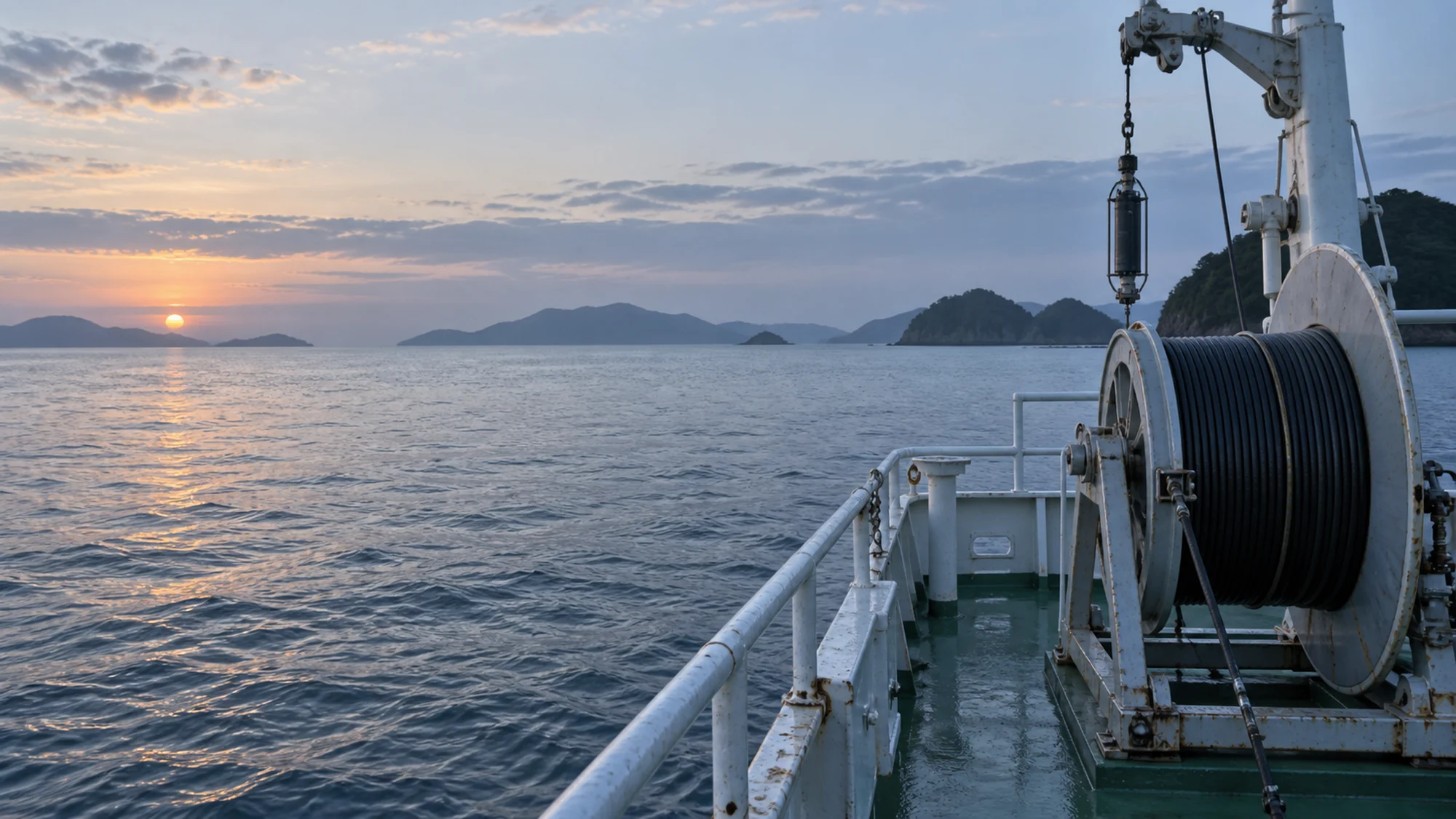 夕暮れの海と調査船の甲板のウインチ
