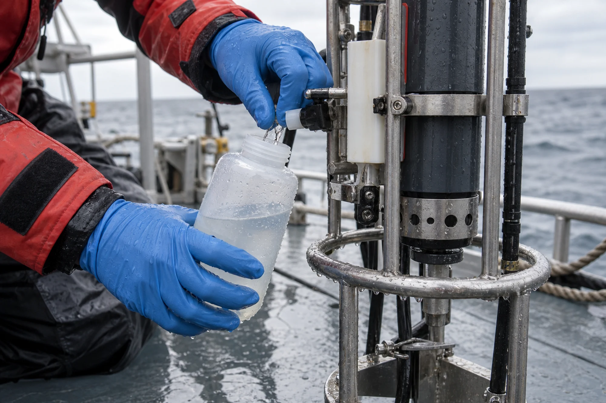 採水器から試料瓶へ海水を移す調査員の手元