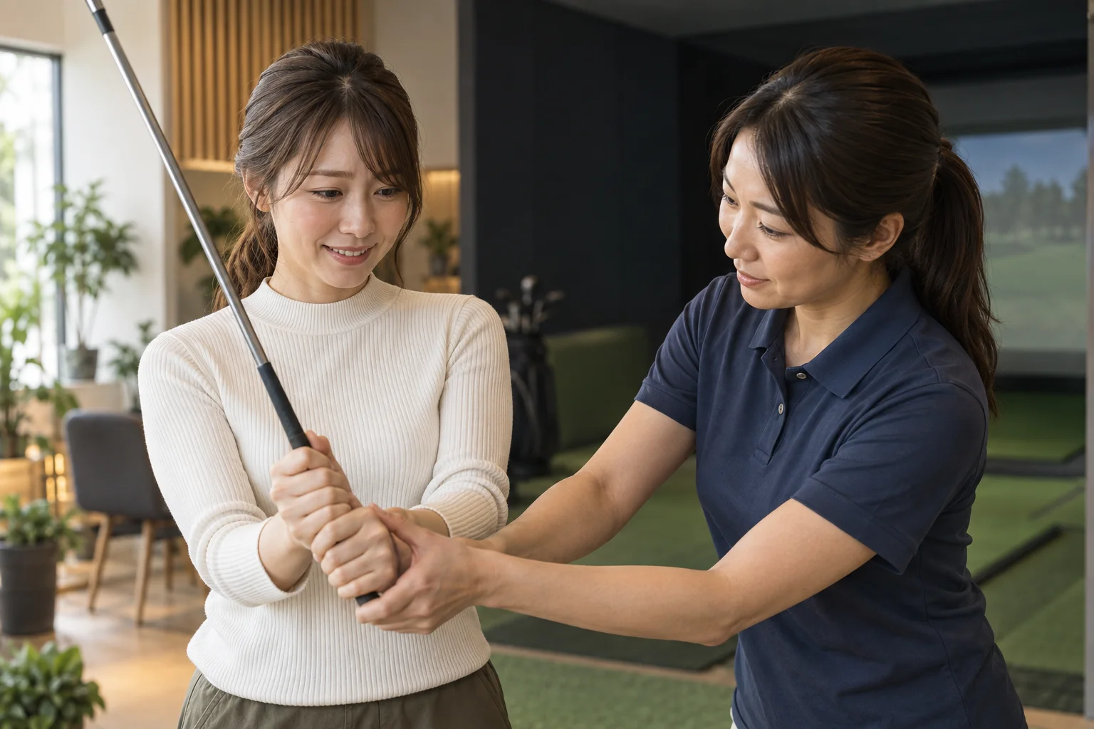 初めてクラブを握る受講者の握りをコーチが整えている様子