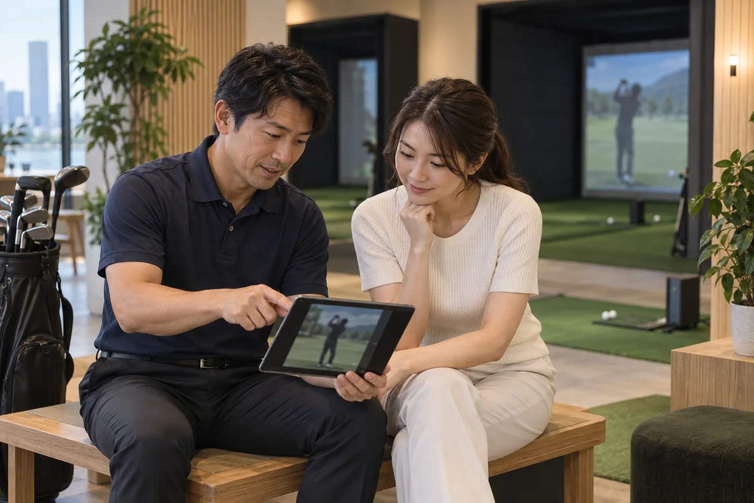 タブレットでスイング映像を一緒に確認するコーチと受講者