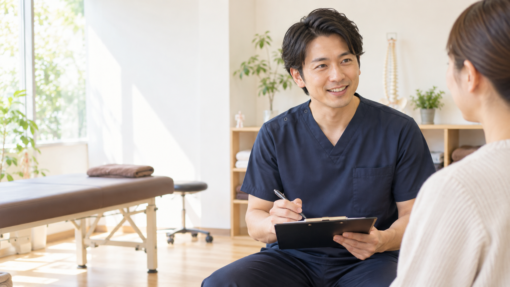 自然光の院内で、来院者の話を聞く施術者