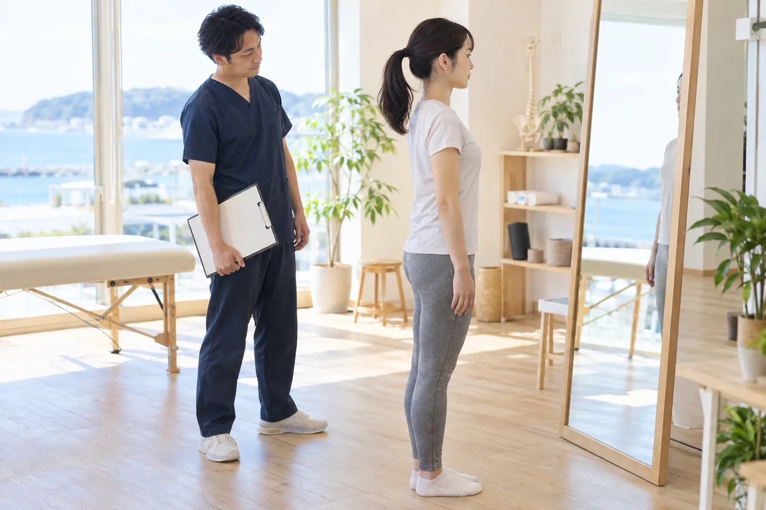 鏡の前で立ち姿勢を確認する施術者