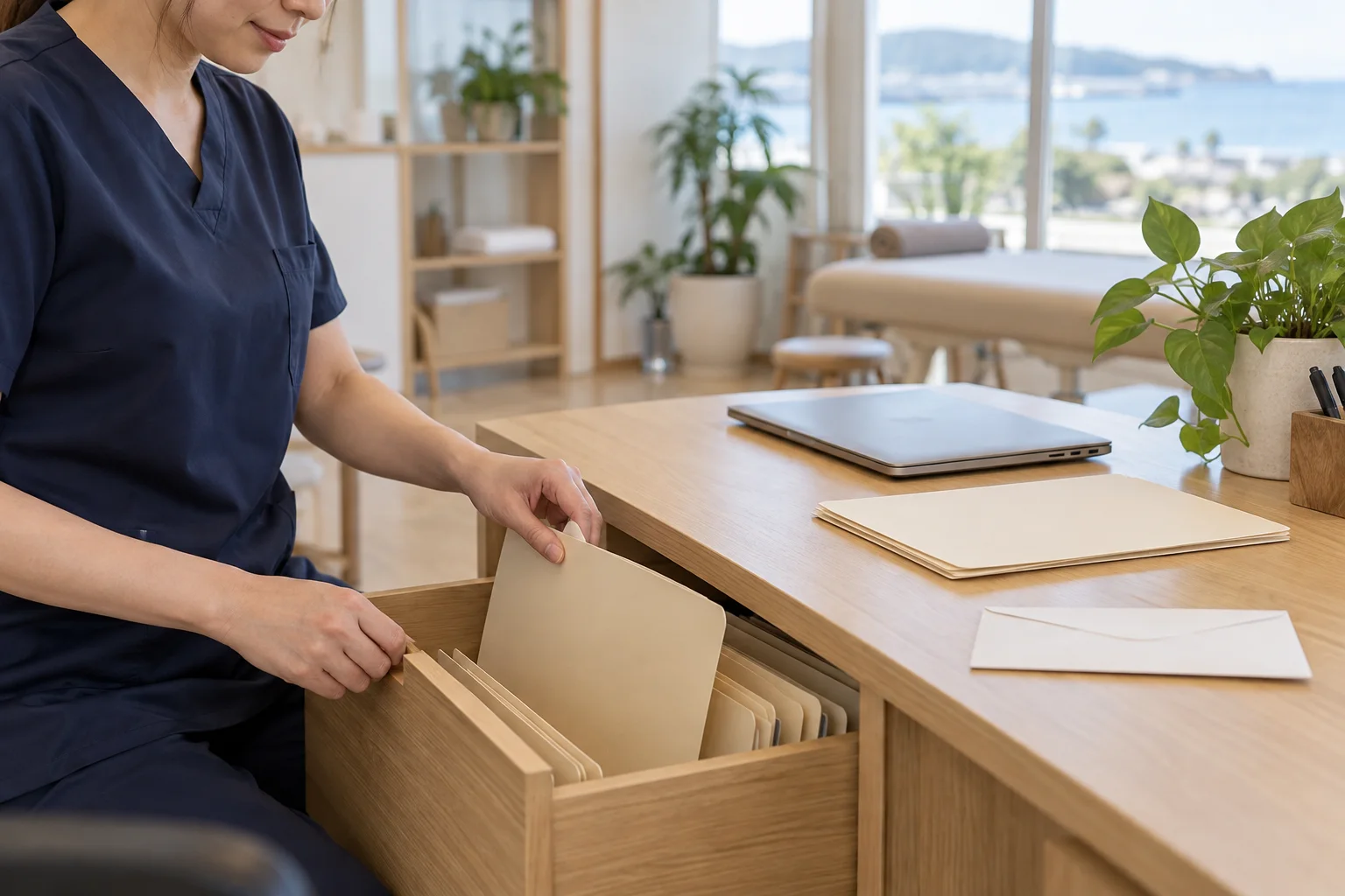書類を引き出しに保管するスタッフ