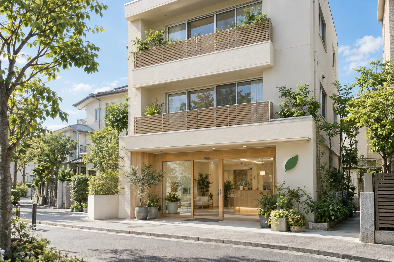 クリーム色の建物の1階にある入口