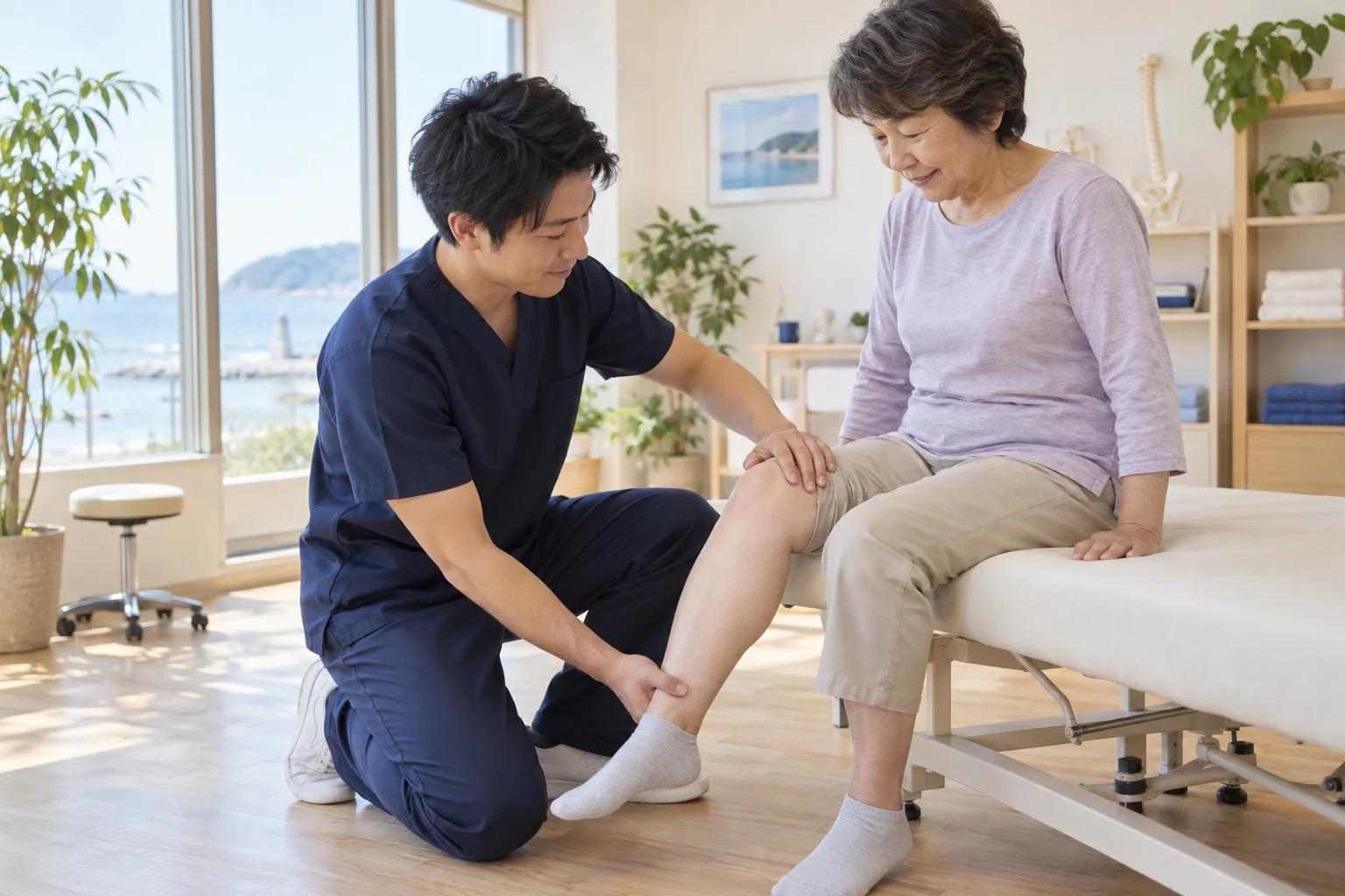 膝の状態を確かめる施術者