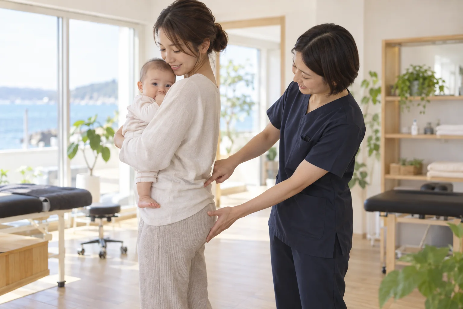 赤ちゃんを抱いた姿勢を確かめる施術者