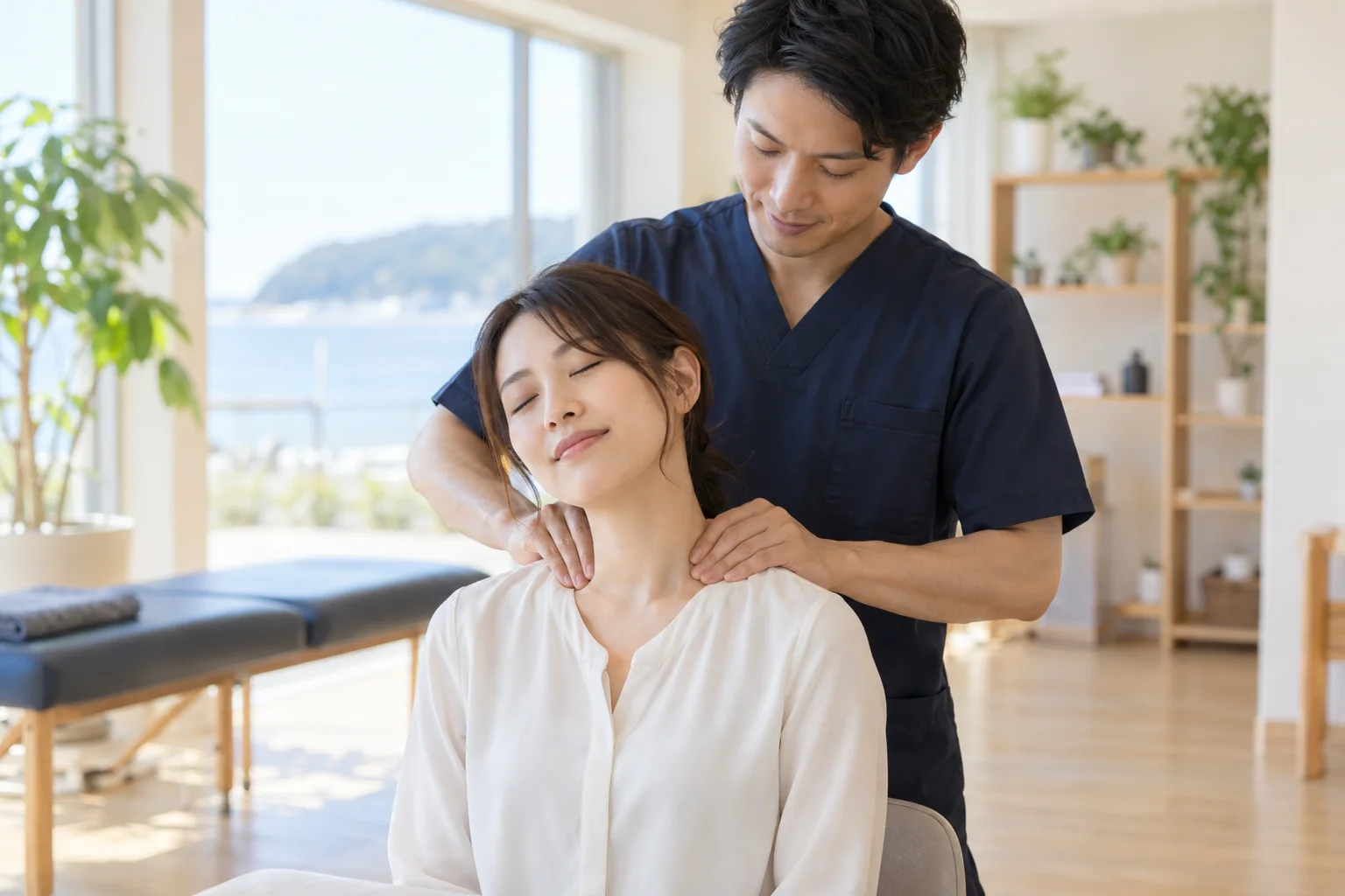 座った姿勢で首と肩の緊張をほぐす施術