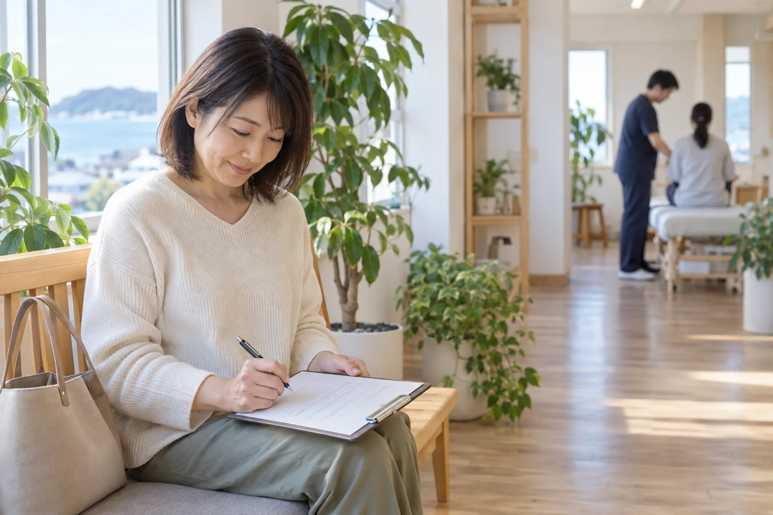 待合で問診票を記入する来院者