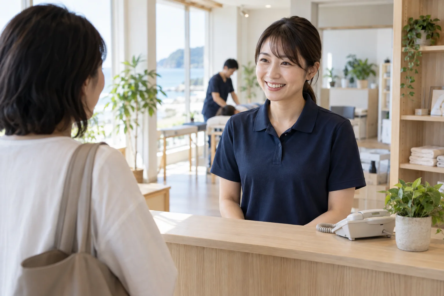 受付で来院者を迎えるスタッフ