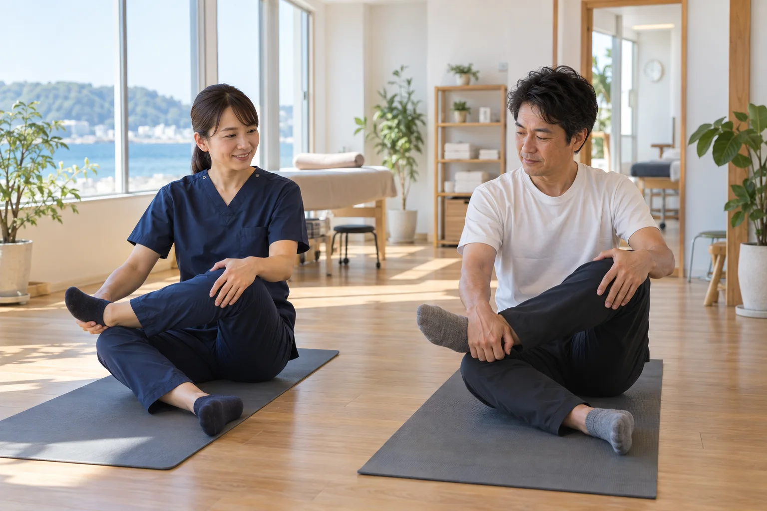 ご自宅でのストレッチを一緒に確認する様子