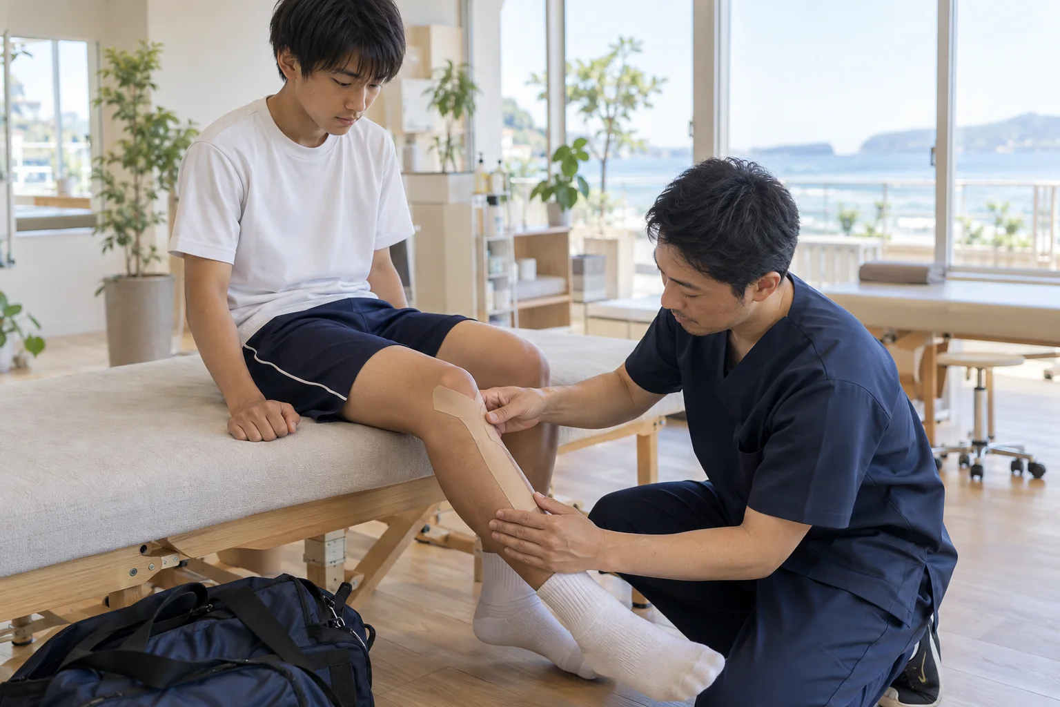 部活で痛めた膝にテーピングをする様子
