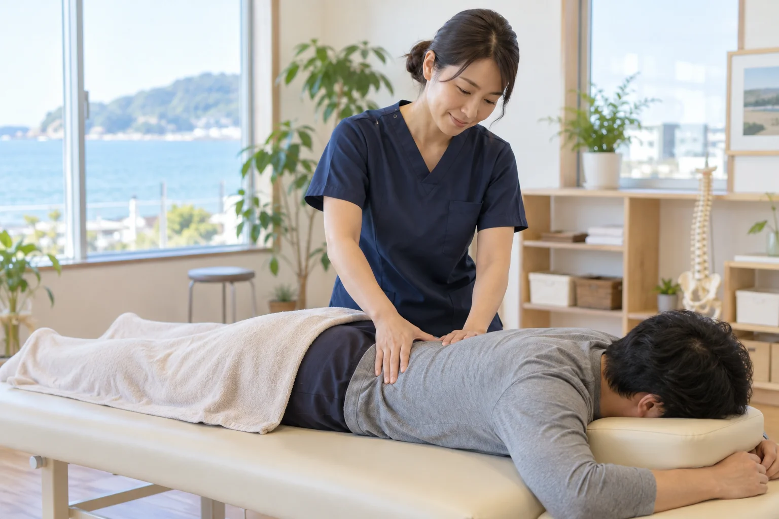 ベッドの上で腰と股関節を整える施術