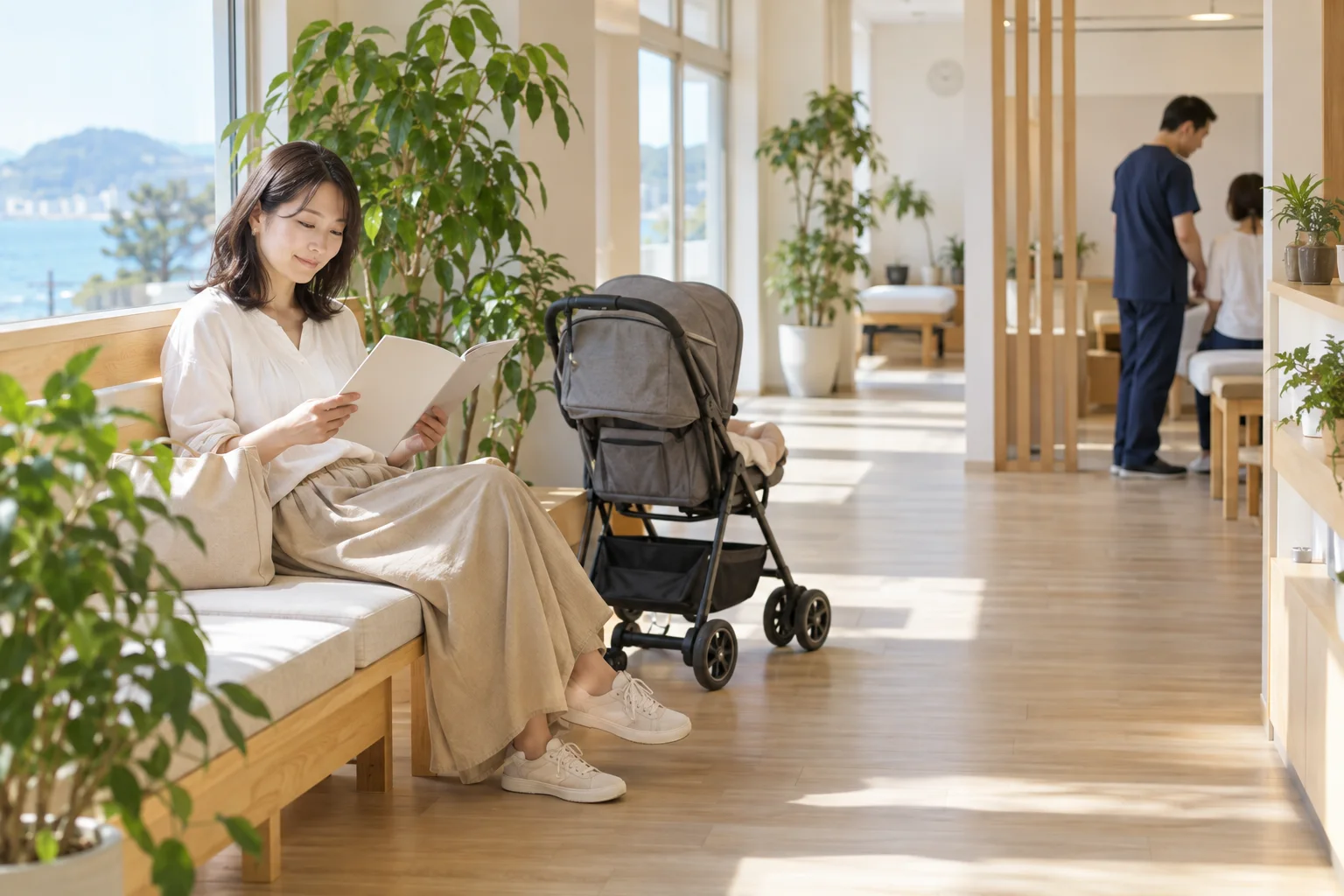 ベビーカーでも入れる広い待合