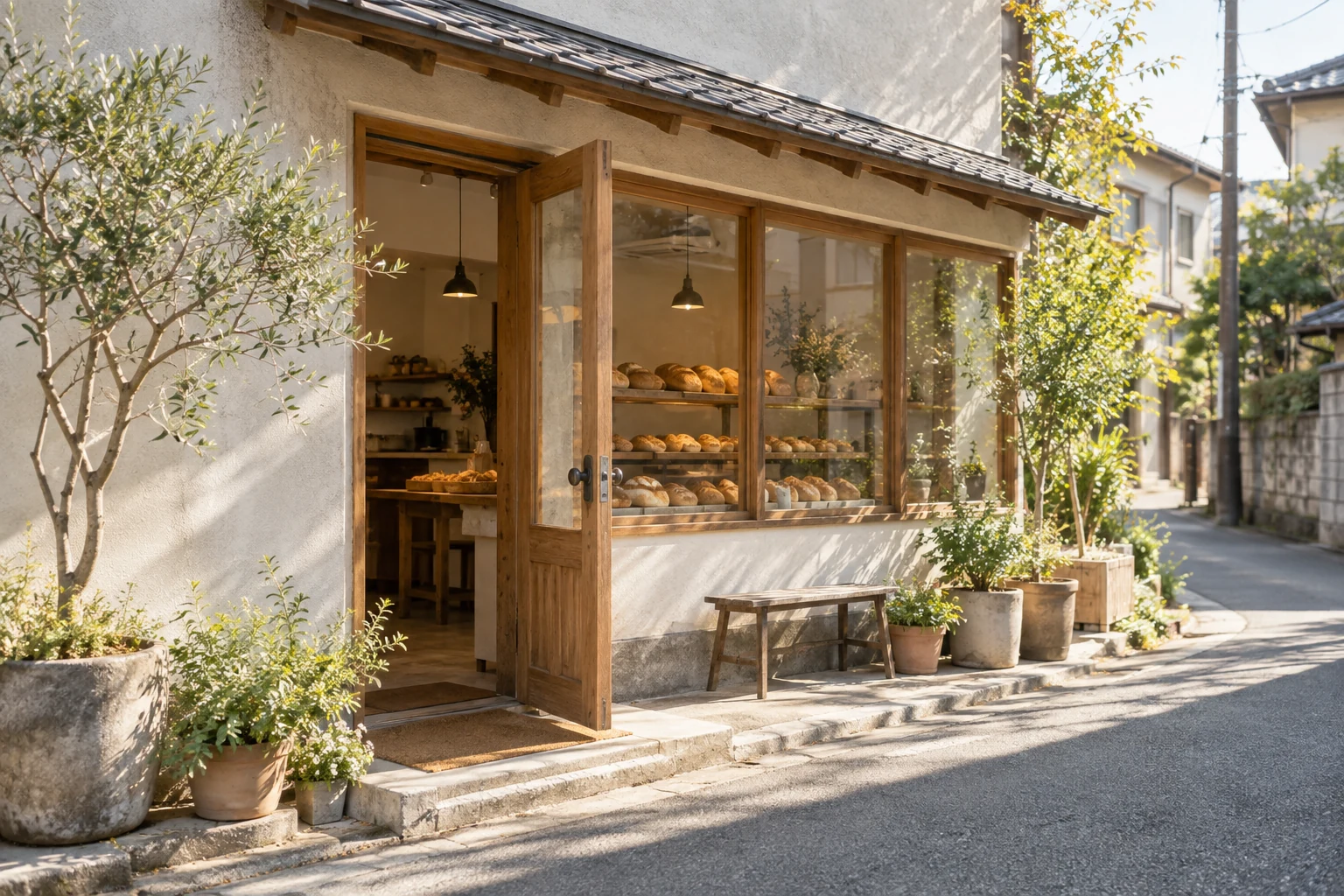 住宅街にある扇町店の木の外観
