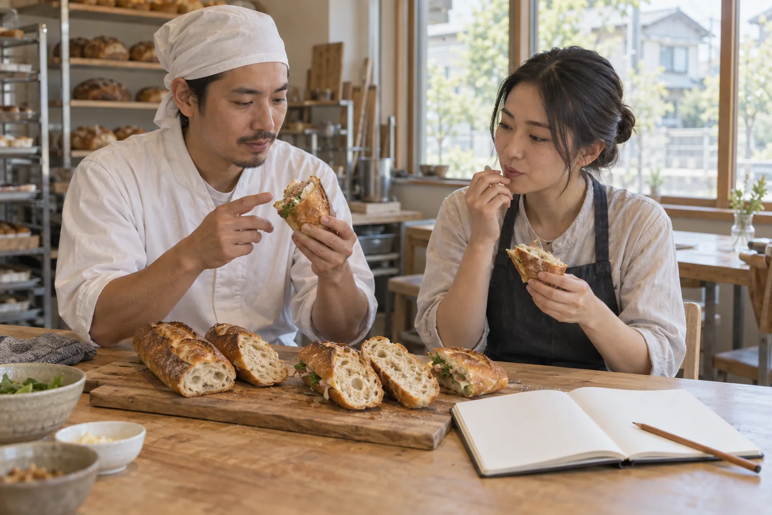 試作のサンドイッチを味見する打ち合わせ