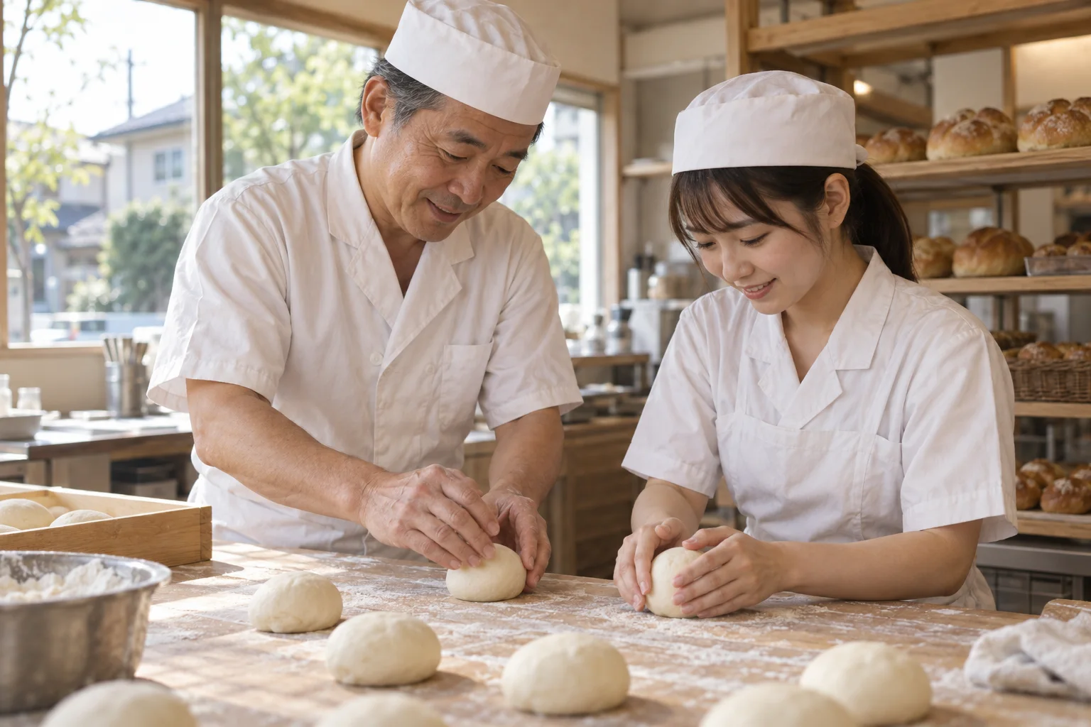 先輩職人に成形を教わる若手