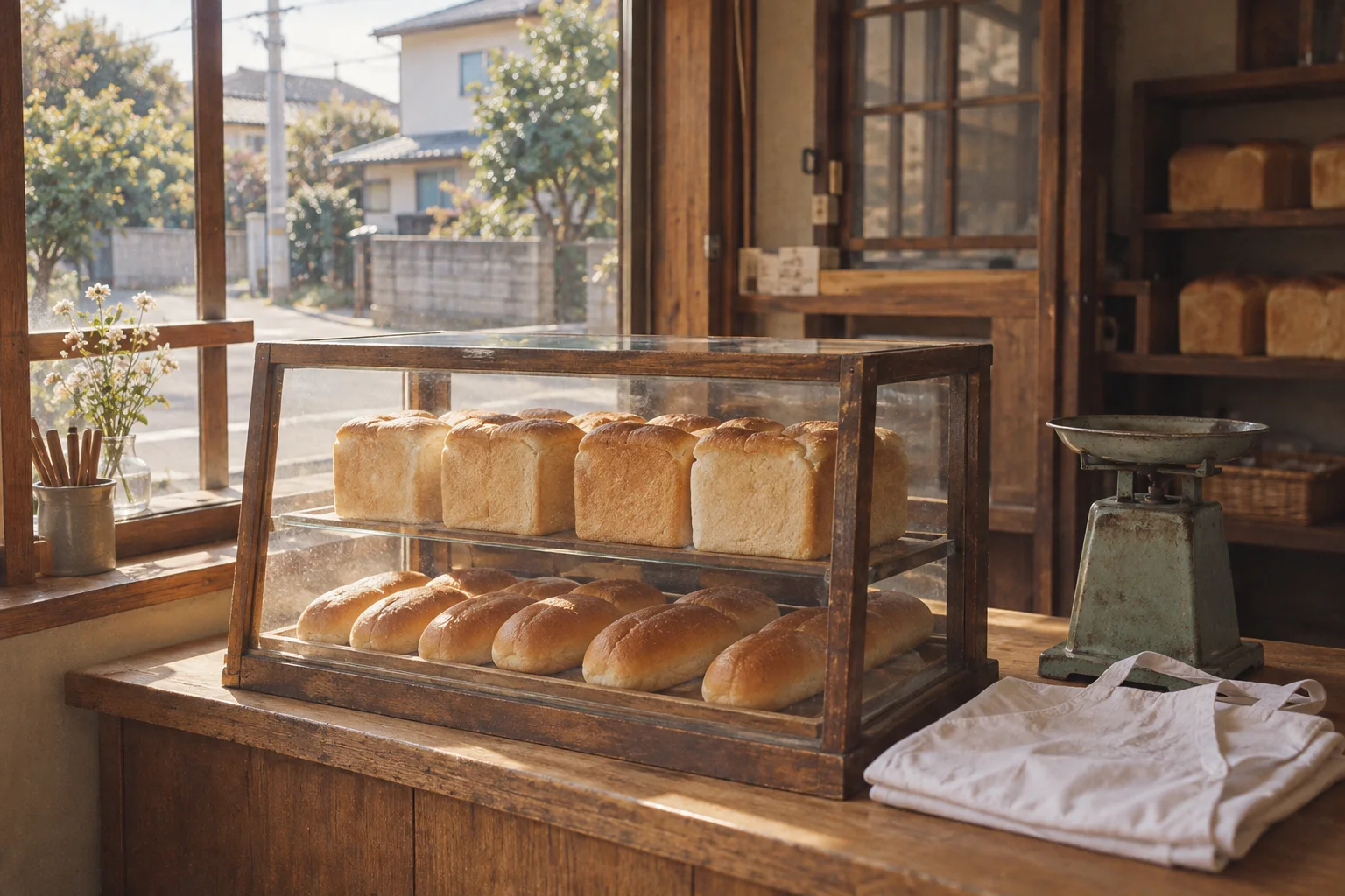 小さな木のカウンターに並ぶ食パンとコッペパン