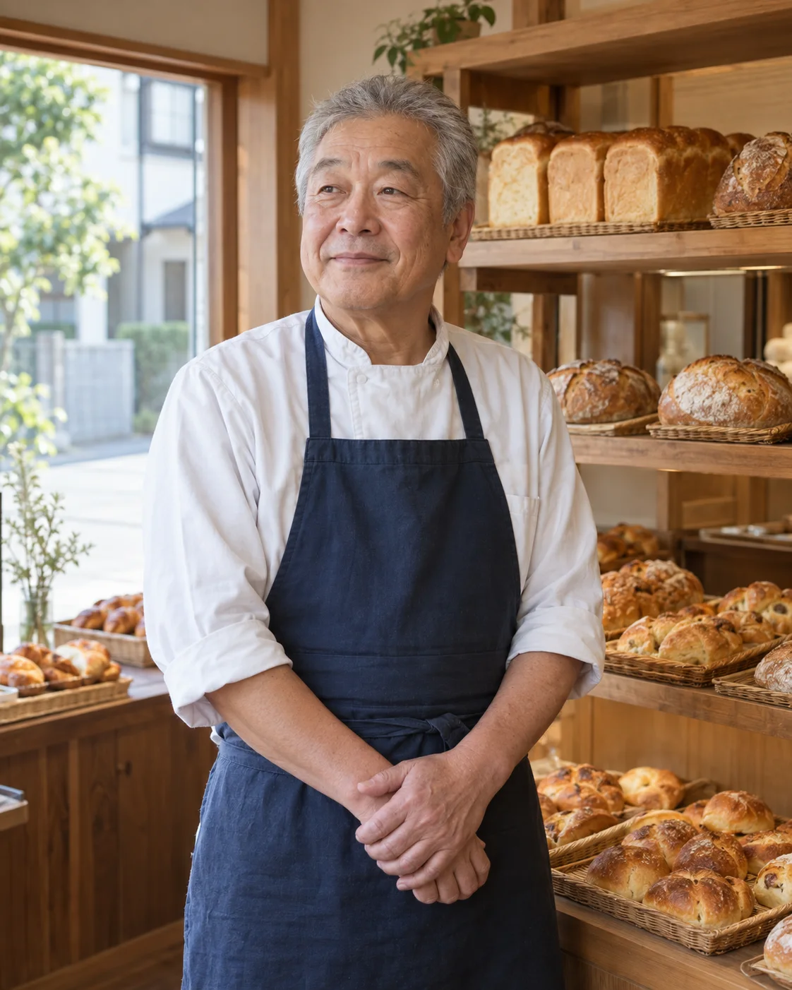 店の棚の前に立つ代表