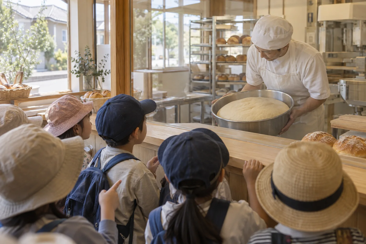 工場で発酵する生地を見学する子どもたち