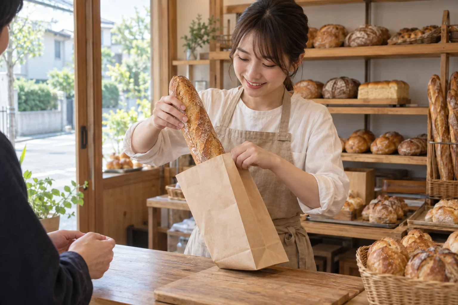 店頭でバゲットを袋に入れるスタッフ