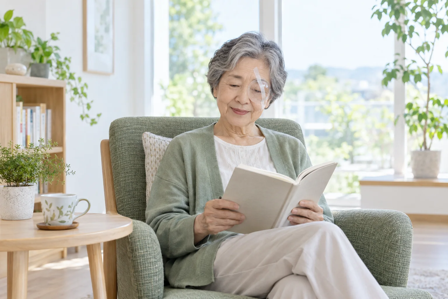 保護用の眼帯をして自宅で過ごす方