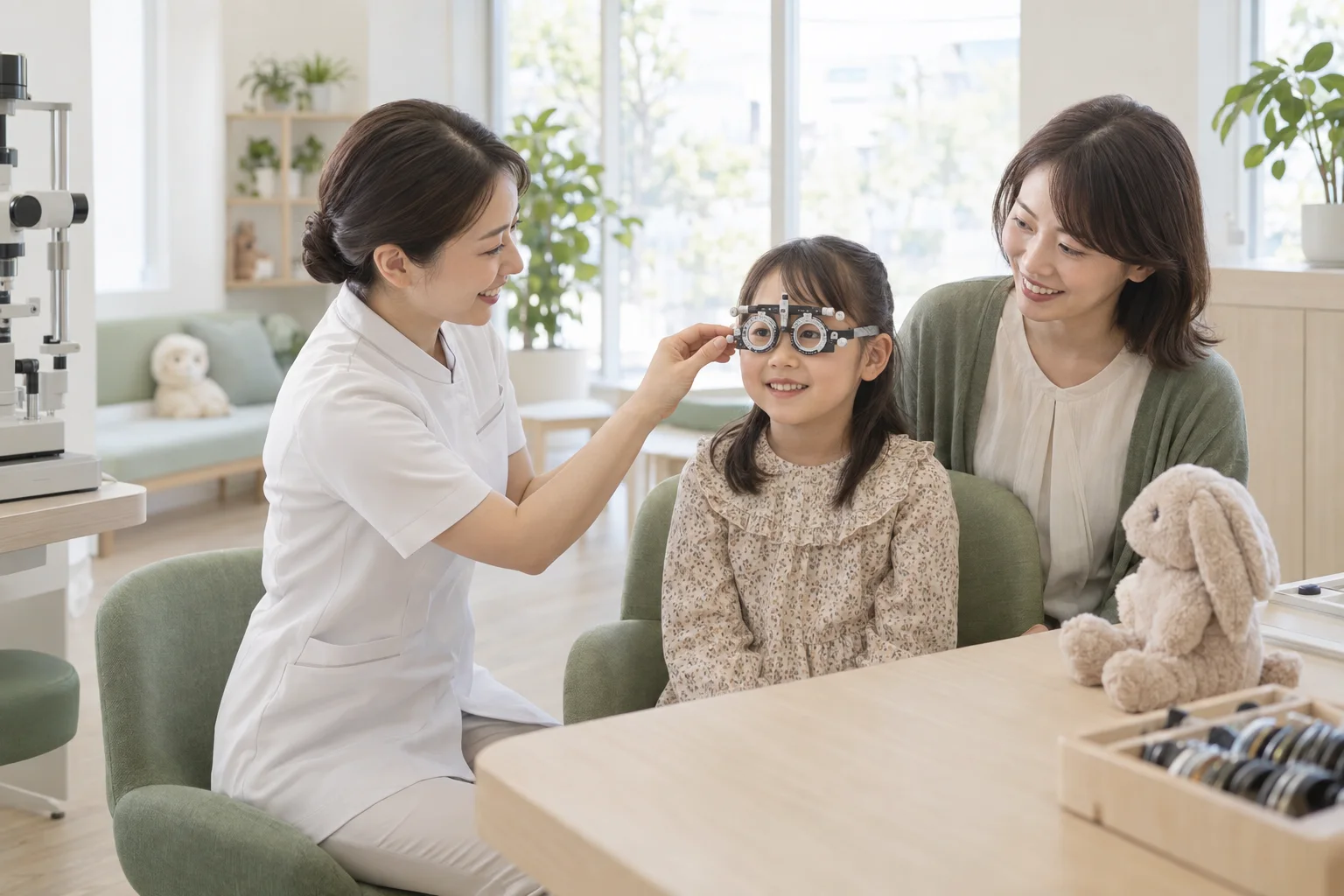 検査用のメガネをかけて目の検査を受ける子ども