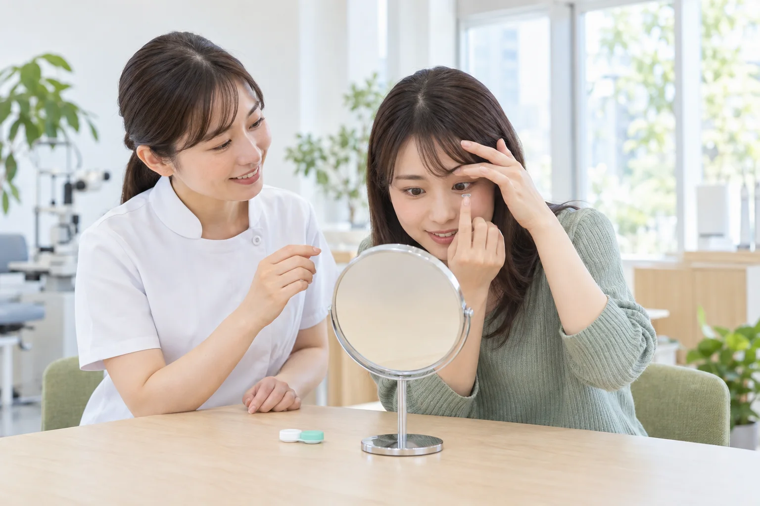 視能訓練士とコンタクトレンズの装用を練習する患者