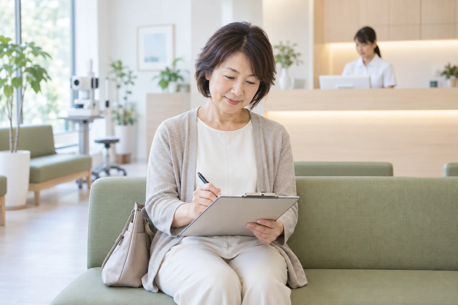 待合で問診票に記入する患者