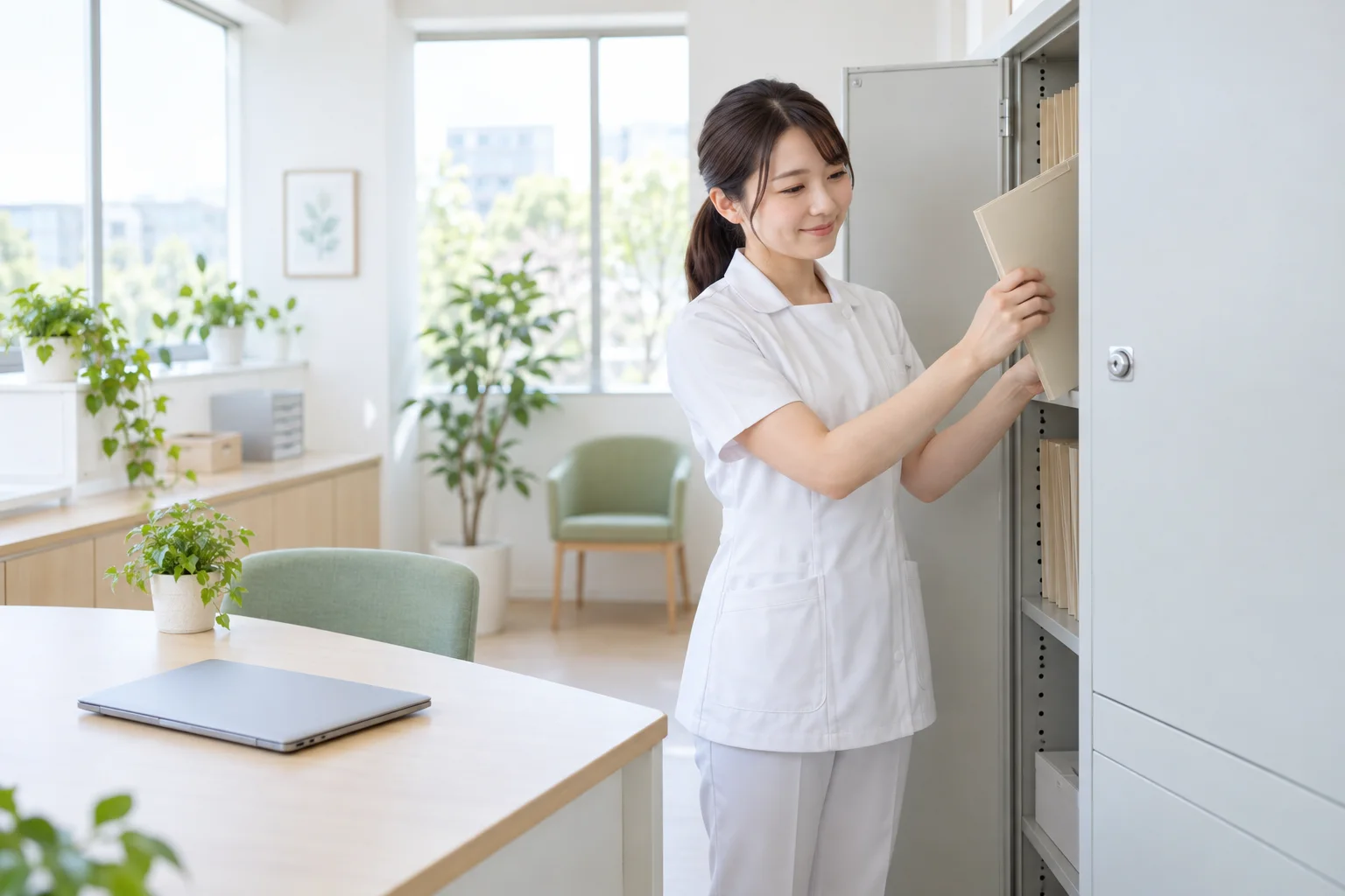 書類を施錠できる棚へ保管するスタッフ