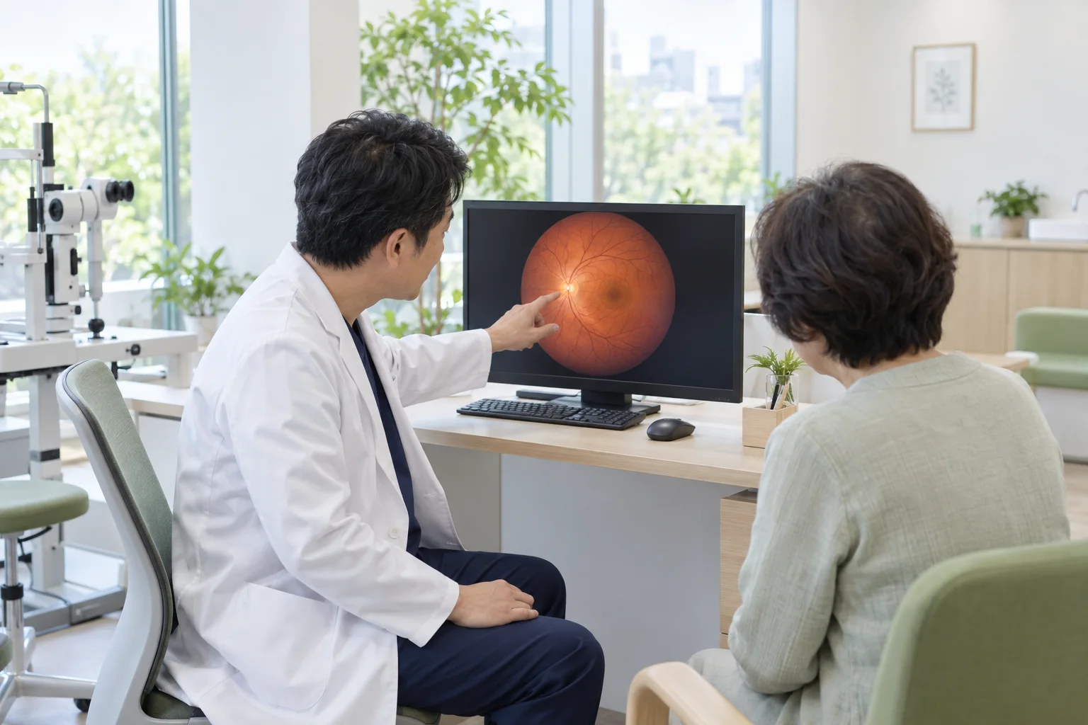 眼底写真をモニターで見ながら説明を受ける患者