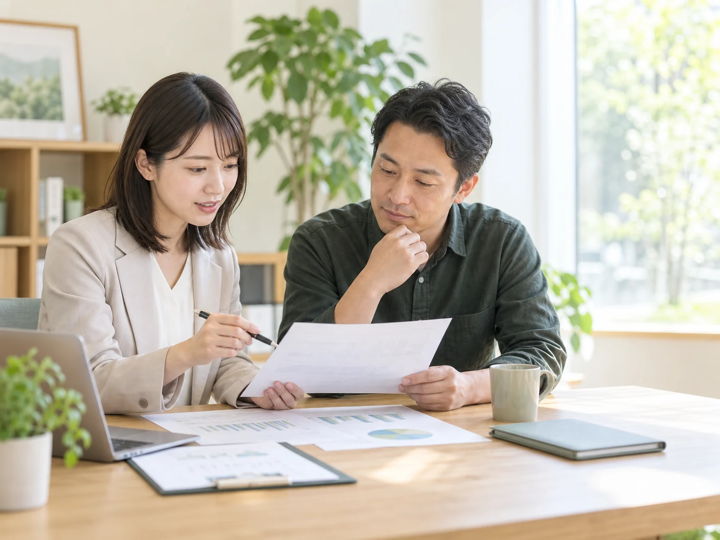 月次資料を一緒に確認するスタッフと経営者