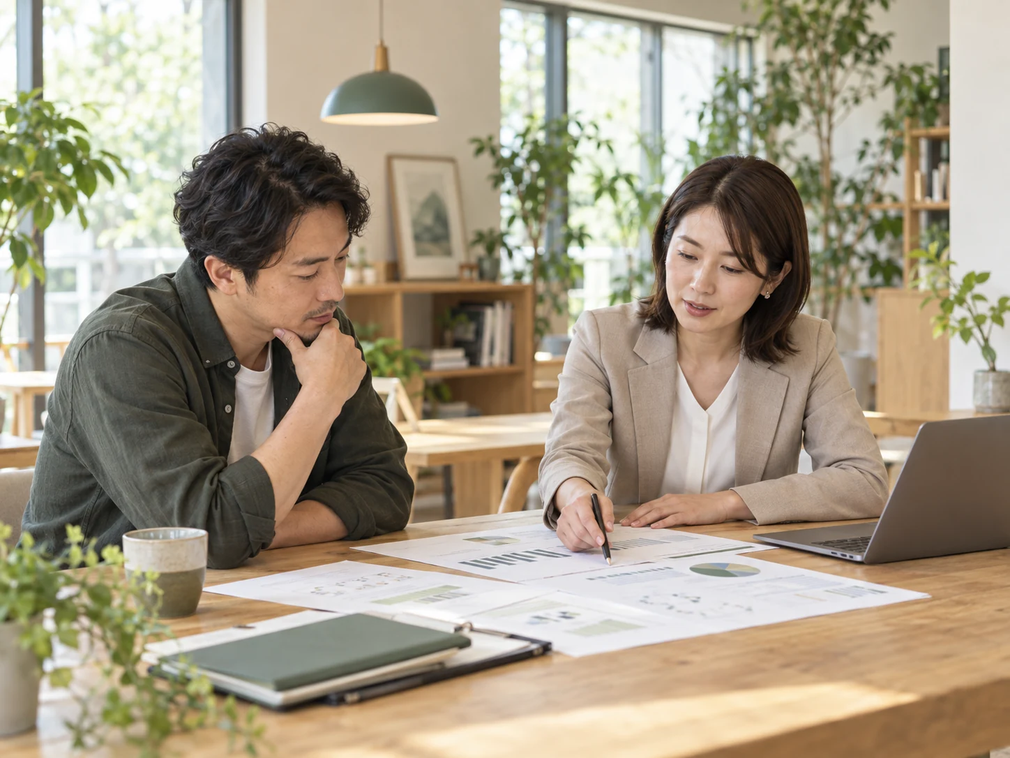 事業計画の資料を確認する経営者と税理士