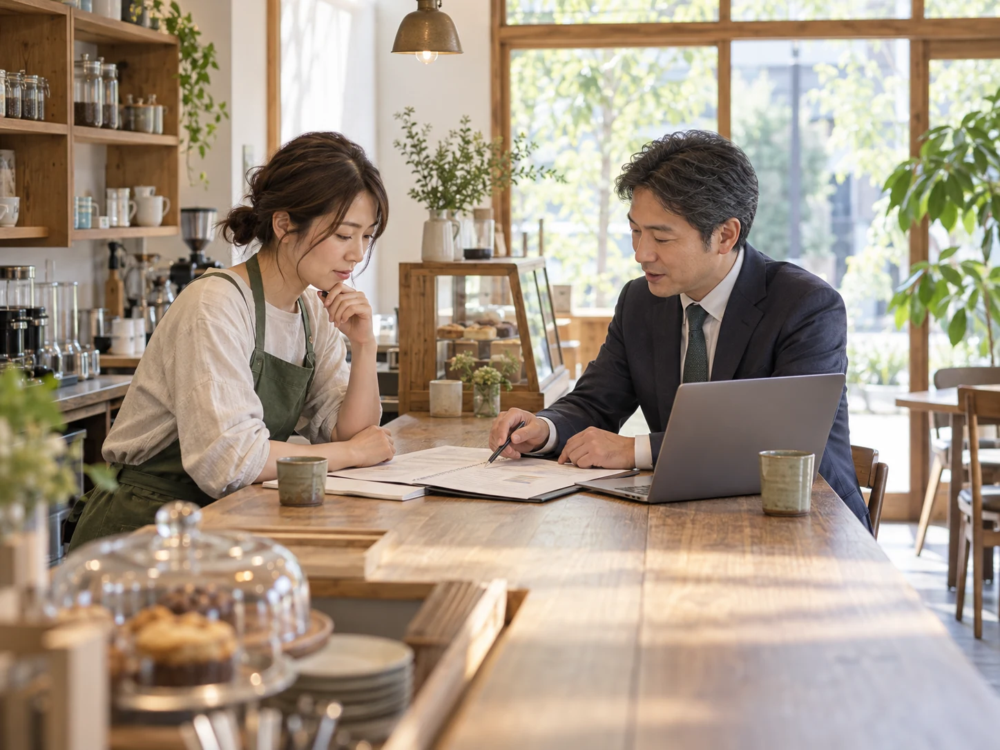 カフェの店主と税理士が創業計画を相談する様子