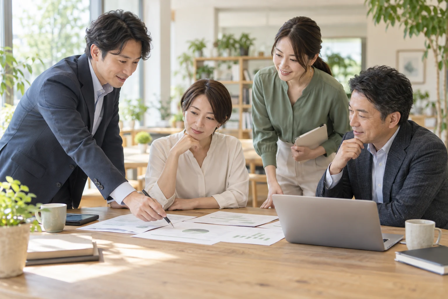 資料を囲んで打ち合わせをする4人のスタッフ