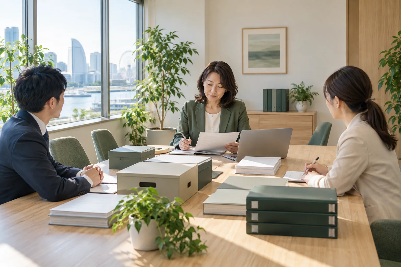 書類を整えた会議室で準備をする税理士
