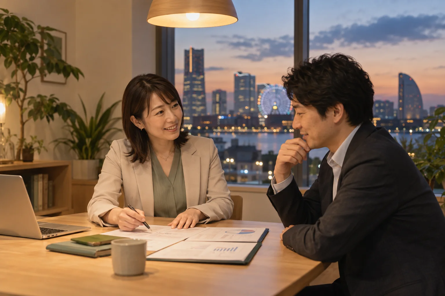 夕方の事務所で経営者と話す税理士